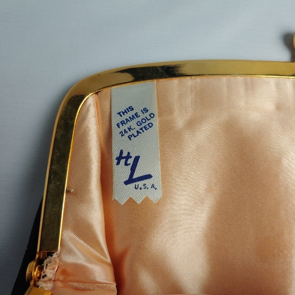 Vtg Harry Levine Black Satin Evening Clutch HL 24K Gold Plated Rhinestones Folds - Picture 14 of 16